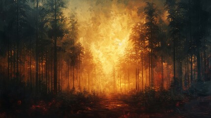 Hand-drawn forest landscape oil painting art wallpaper.