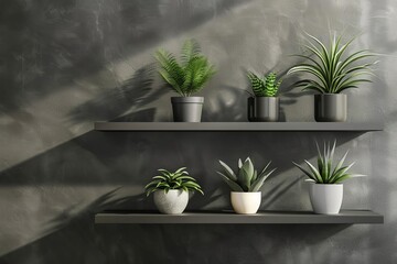 Exotic house plants collection on minimalist shelves. indoor gardening and cozy home concept with diverse foliage