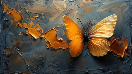 An abstract hand-painted oil painting of a golden butterfly hanging vertically... - obrazy, fototapety, plakaty