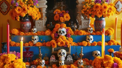 vibrant Day of the Dead altar Cinco de Mayo adorned with marigolds, candles, and decorated skulls, celebrating the Mexican tradition of honoring deceased loved ones - obrazy, fototapety, plakaty