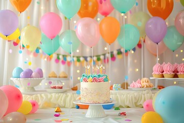 Festive birthday scene with vibrant balloons A decorated cake And cheerful greetings Perfect for celebration designs.
