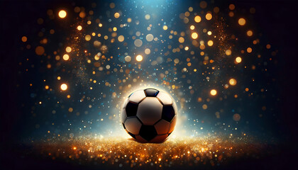 Fototapeta premium Soccer Ball Illuminated with Golden Sparkles and Bokeh Lights on Dark Background - Magical Sport Atmosphere. Magical Glow. Nighttime Sports Elegance and Fantasy
