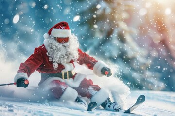 Naklejka na ściany i meble Festive santa claus skiing on snowy landscape. holiday cheer and christmas joy concept