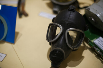 The gas mask is on the table. An exhibit in the museum