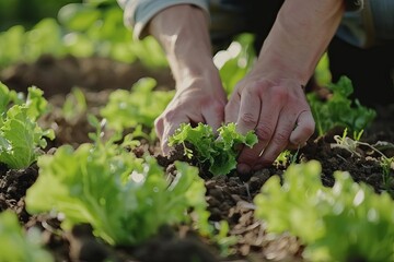 Naklejka na ściany i meble Gardener tenderly planting young lettuce in an organic garden Symbolizing growth and sustainability
