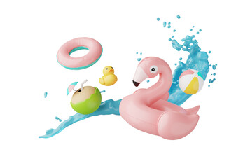 Summer elements 3d icon set clipart isolated on background, Minimal Realistic objects for mock-up with summer theme, beach umbrella, sand, inflatable ring, vacation time to travel.