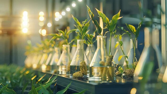 Glass flasks with growing green plants and corn in a laboratory setting. Sustainable investment and green technology concept for environmental science design.