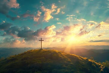 Holy week concept with a cross on a hill Illuminated by the setting sun Symbolizing faith Redemption And spiritual reflection - obrazy, fototapety, plakaty