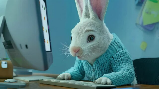 White rabbit using computer at desk. Cozy home environment with pet in sweater.