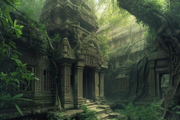 An ancient, abandoned temple overrun by nature, with intricate carvings and overgrown vines. Resplendent.