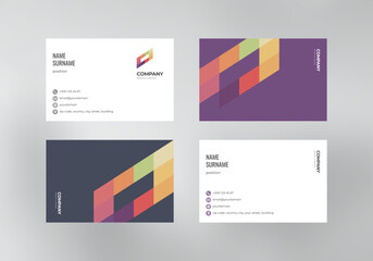 A business card template with a colored purple background in a minimalistic style, a multi-colored polygonal logo, a check mark arrow, icons for the address and phone