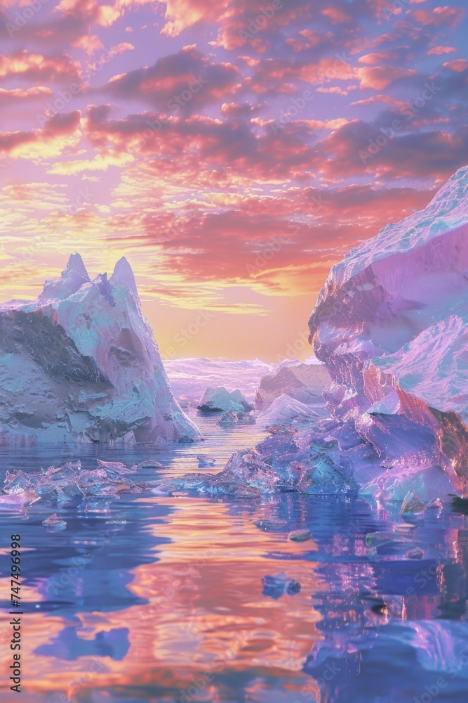 Poster a group of icebergs floating on water. suitable for nature and climate change concepts