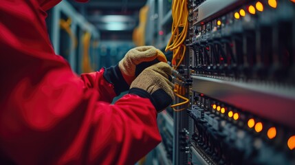 A man in electric blue engineering attire is performing gestures while working on a server in a data center. AIG41 - obrazy, fototapety, plakaty