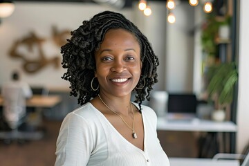 Joyful and confident woman in a modern office setting Looking directly at the camera with a smile Representing professional success and personal fulfillment.