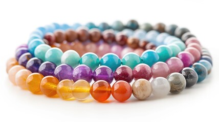 Close-up of a multi-colored gemstone bead bracelet, showcasing a variety of polished stones with a soft focus on a white background