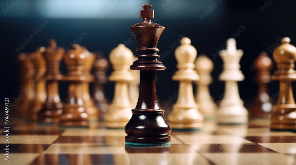Poster Close up view of a chess piece on a chess board. Suitable for strategy and competition concepts