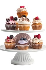 A three tiered cake stand with cupcakes, perfect for bakery or dessert concepts