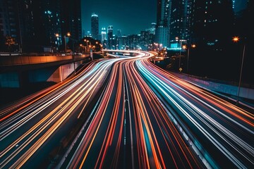 Long exposure photograph of a bustling highway at night Capturing the light trails of moving vehicles and the dynamic energy of urban life. - obrazy, fototapety, plakaty