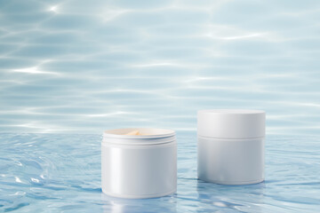White cosmetic jar on the water surface. Summer water pool fresh concept. 3d render