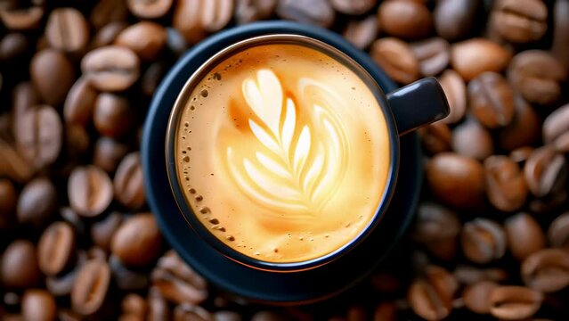 Artistic Cappuccino with Latte Art on Coffee Beans Background