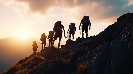 A group of people hiking up a mountain. Ideal for outdoor adventure concept - obrazy, fototapety, plakaty