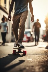 A man riding a skateboard on a city street. Suitable for urban lifestyle concepts