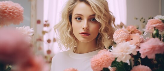 A beautiful blonde girl is standing in front of a bunch of vibrant flowers, posing in a bright interior setting. She gazes at the camera with a serene expression.