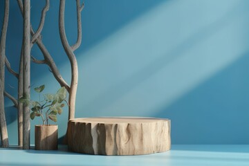 Fototapeta premium Empty podium wooden round cylindrical on a blue background and a background of plants for advertising, marketing