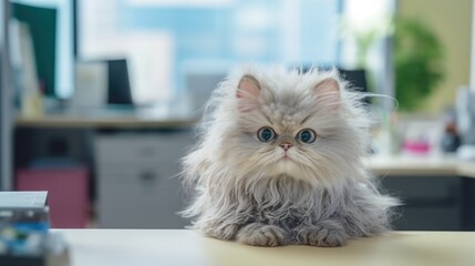 A fluffy cat sitting on top of a table. Perfect for pet lovers and animal enthusiasts