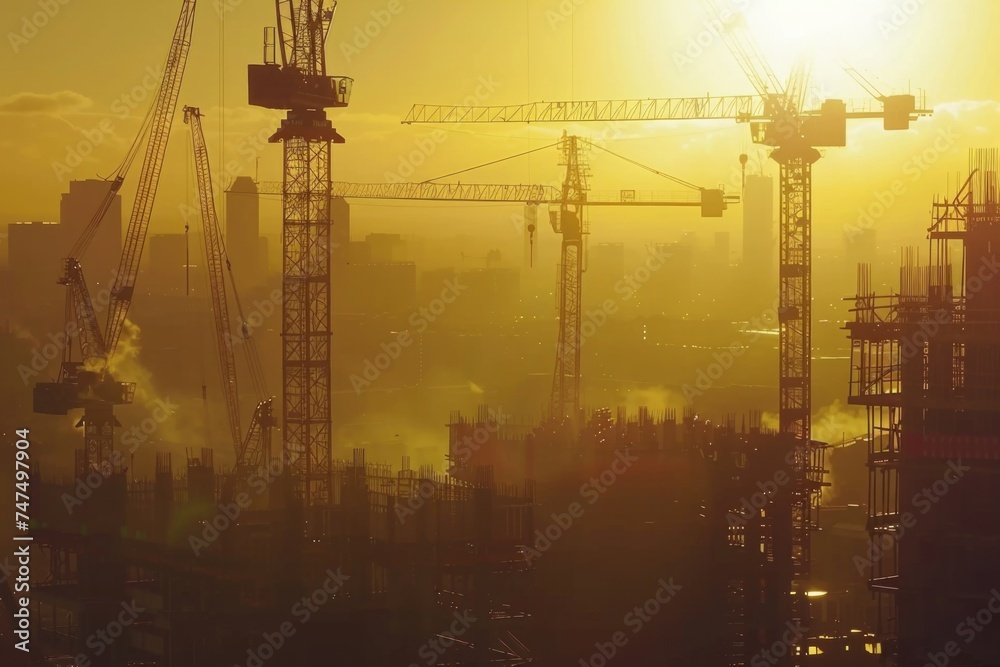 Poster sun setting over a busy construction site, perfect for illustrating urban development projects