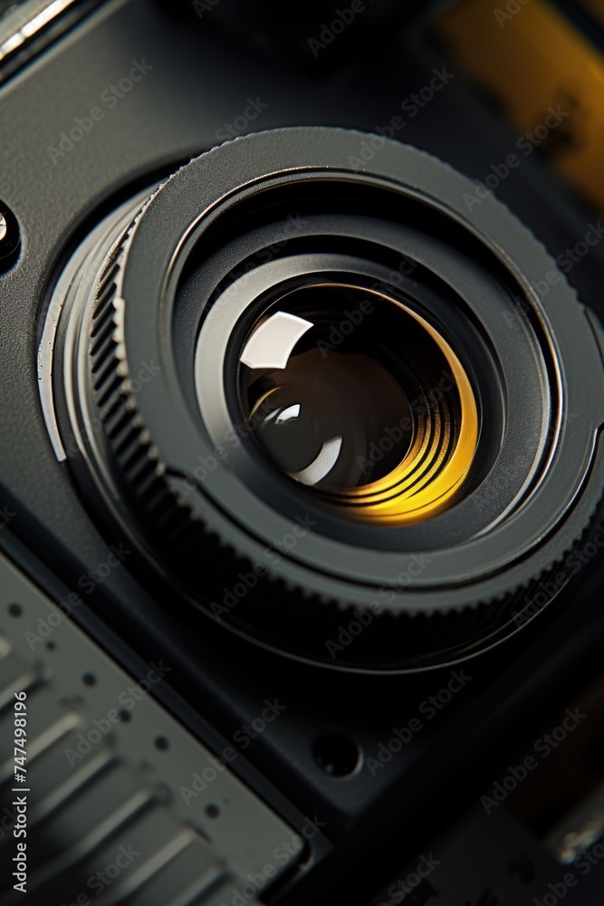 Poster close up of a camera with a yellow lens, suitable for technology and photography concepts