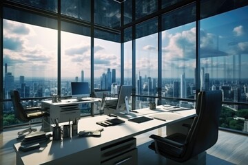 Fototapeta premium Urban landscape seen through office window, ideal for business concepts