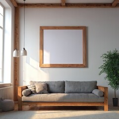 Modern Living Room with Couch and image frame hanging on a bright enlighted wall | Perfect Mockup for selling images