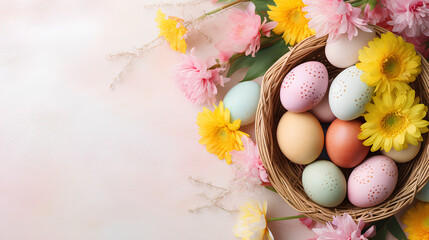Obraz na płótnie Canvas Easter white color background with eggs in the nest. Blossom spring flower, holiday banner concept, copy space for text, greeting card, top view