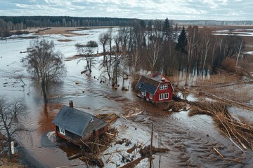 Aerial view of a flooded rural area with partially submerged houses.