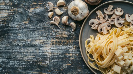 Fototapeta na wymiar Fresh Basil and Mushroom Spaghetti on Rustic Background