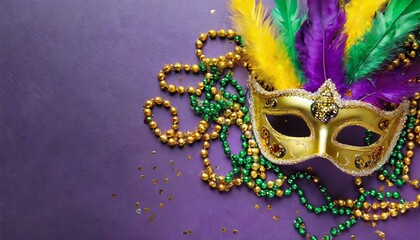 Mardi Gras carnival mask and beads on purple background cloure