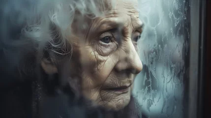 Fotobehang elderly woman looking through a foggy window. The photo depicts a poignant depiction of loneliness, as the woman stares into the misty unknown. © EnioRBC