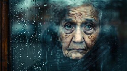 elderly woman looking through a foggy window. The photo depicts a poignant depiction of loneliness, as the woman stares into the misty unknown. - obrazy, fototapety, plakaty