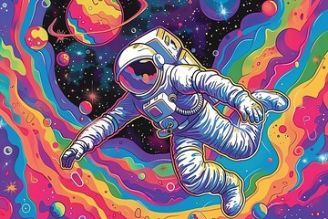 Pop art-inspired astronaut exploring a colorful Bubble-filled galaxy Offering a fresh and imaginative take on space adventure