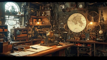 An intricately detailed vintage study room, filled with navigational instruments, antique map, and...