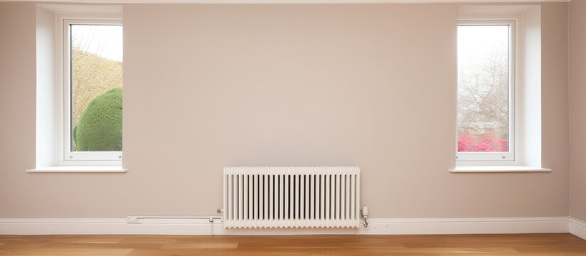 The image shows an empty, unfurnished bedroom in a contemporary house, featuring a radiator and two windows. The beige walls give the room a neutral and clean look.