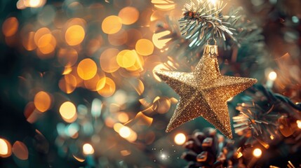 Gold star ornament hanging from a Christmas tree. Perfect for holiday decorations