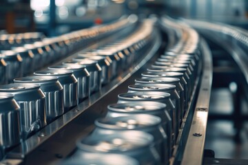 A conveyor belt with cans of soda moving along. Perfect for illustrating production or manufacturing processes