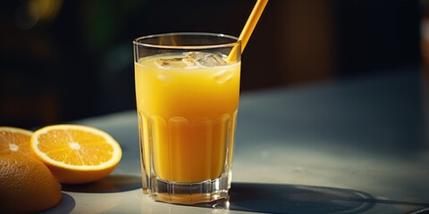 Glass of orange juice with fresh orange slice, perfect for food and beverage concepts