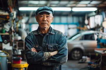 Professional auto repair technician with confident posture in a well-equipped garage Showcasing expertise and reliability