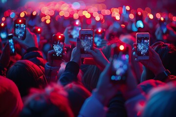 Obraz premium Crowd at Live Event, Concert, or Party Raises Hands and Smartphones in Unison