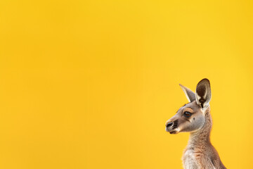 tête de kangourou isolée sur fond jaune, avec espace négatif pour texte, copyspace