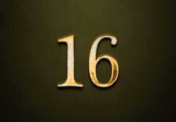Old gold effect of 16 number with 3D glossy style Mockup.	