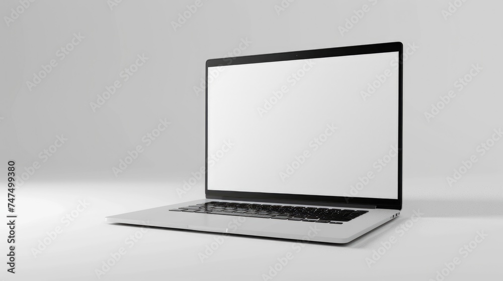 Poster modern laptop computer with a blank white screen, perfect for mockups and presentations